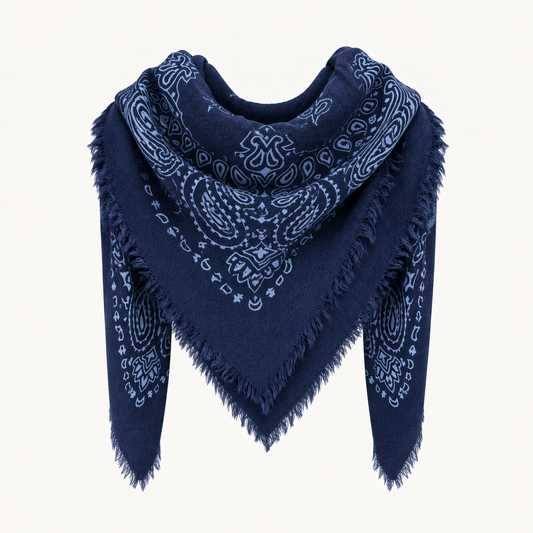 Navy Paisley Wool Blend Frayed Square Scarf