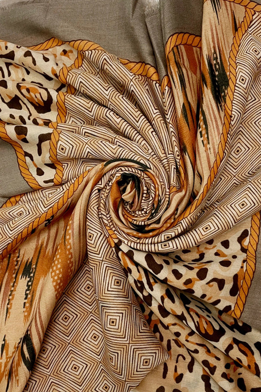 Beige Leopard And Geometric Stripe Scarf