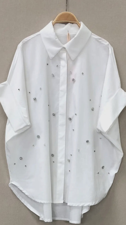 White Cotton Embellished Short Sleeve Shirt