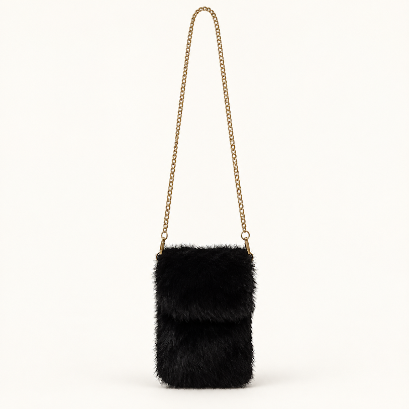 Black Fur Gold Chain Strap Small Cross Body Bag