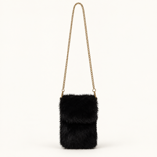 Black Fur Gold Chain Strap Small Cross Body Bag