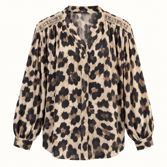 Embellished Shoulder Leopard Cotton Shirt