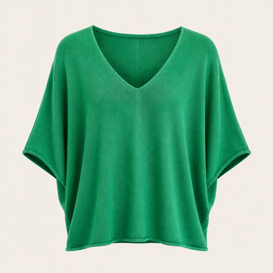 Feather & Sole green V-neck lightweight cotton knit batwing top.