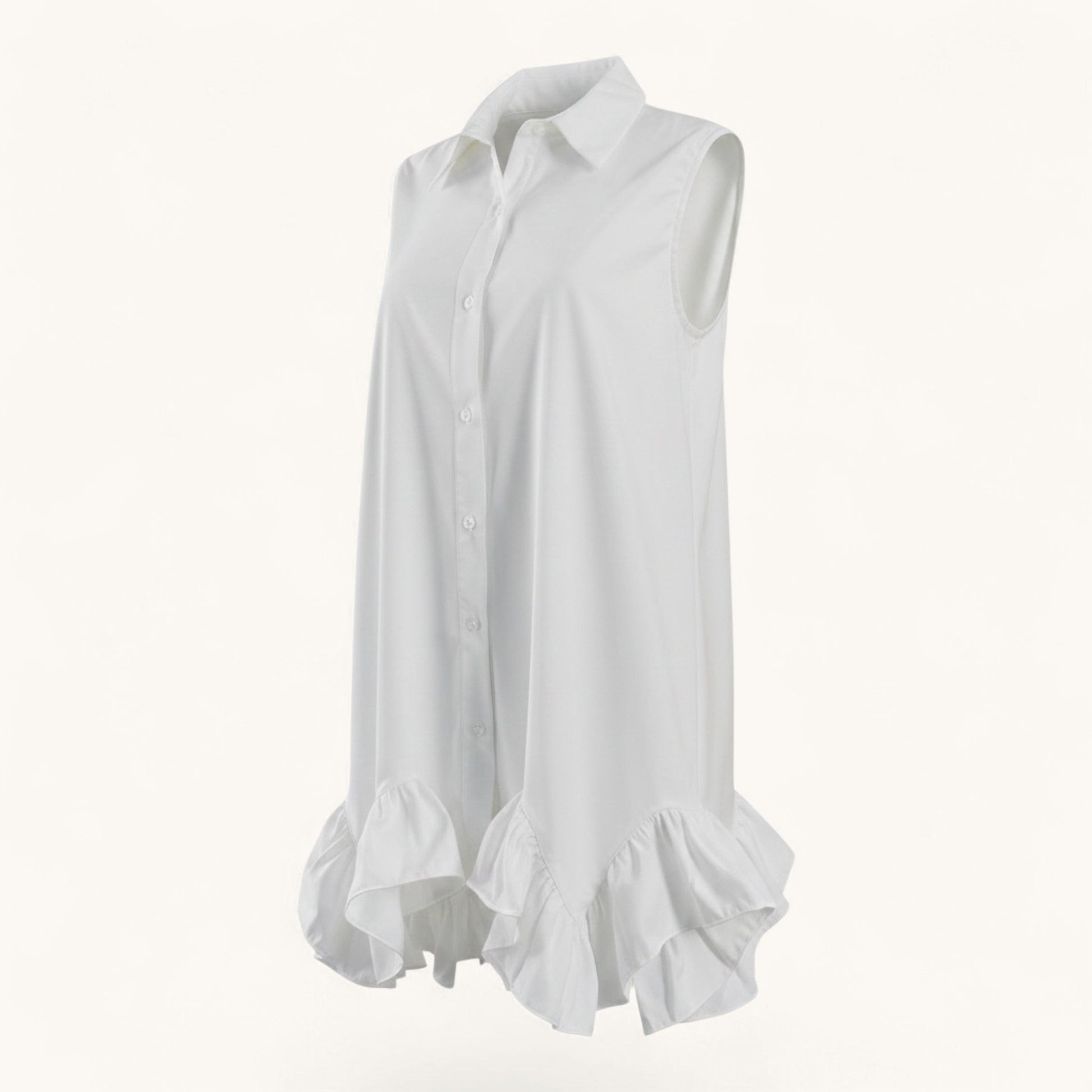 White sleeveless blouse with ruffled details on a white background