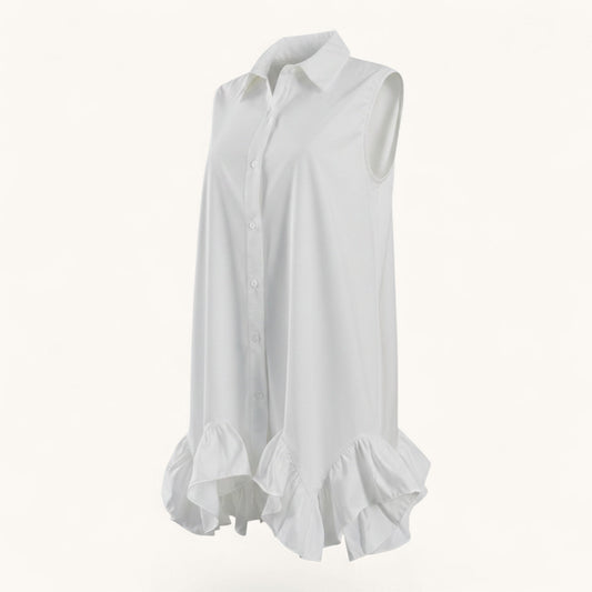 White sleeveless blouse with ruffled details on a white background