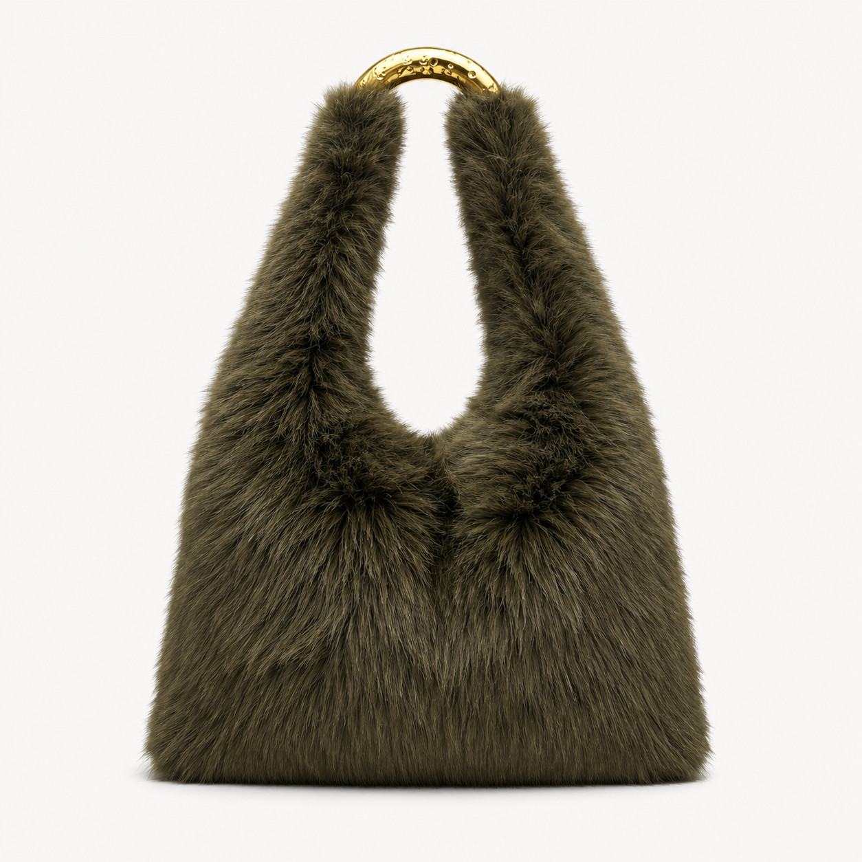 Olive Green Faux Fur Tote with Gold Strap Detail