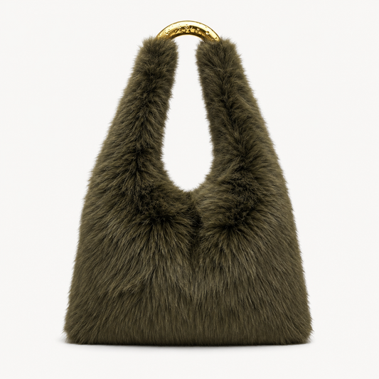 Olive Green Faux Fur Tote with Gold Strap Detail
