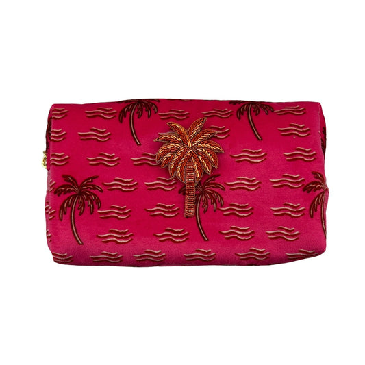 Pink palm make-up bag & tiger head pin - recycled velvet