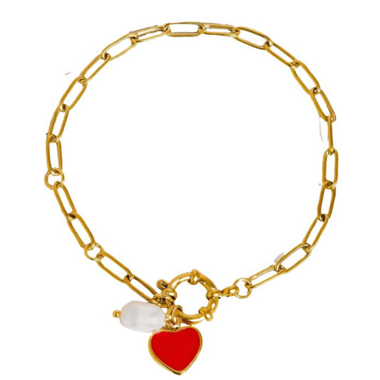18K Gold Non-Tarnish
Heart Pearl Chain Bracelet