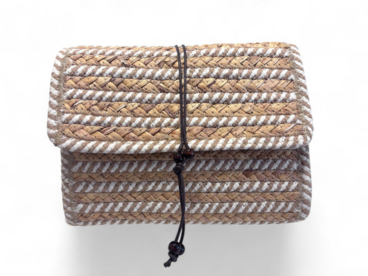 Straw and white clutch bag