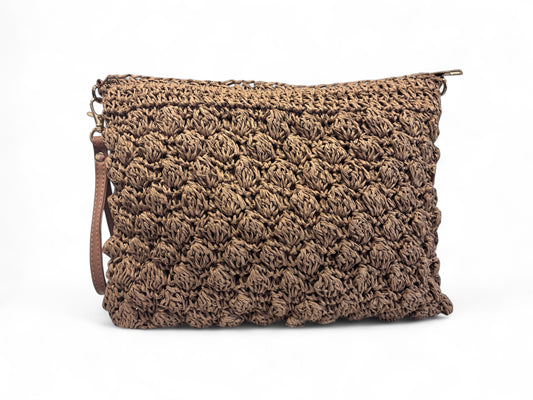 Tan Crochet Straw Clutch