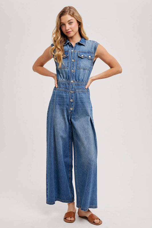 Medium Wash Denim Wide Leg Jumpsuit