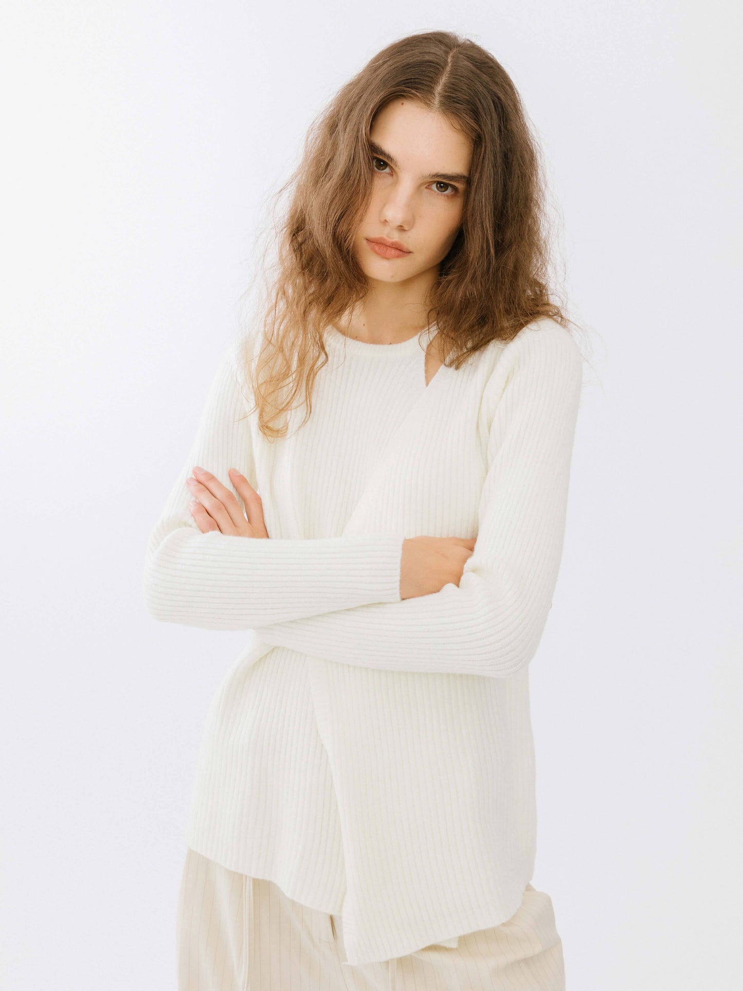 Cream Crossover Ribbed Knit Jumper
