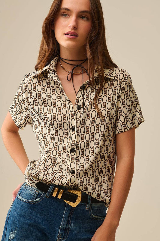 Black and Beige Chain Detail Short Sleeve Shirt