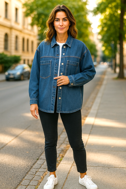 Oversized denim overshirt with buttons.