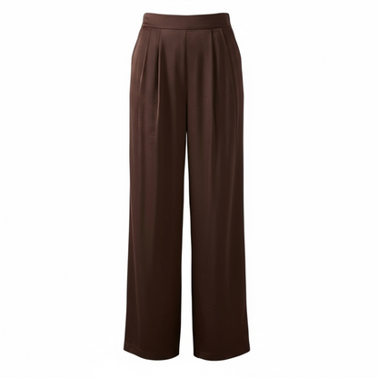 Chocolate Satin Pleat Front Elasticated Back Wide Leg Trousers