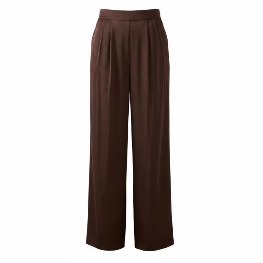 Chocolate Satin Pleat Front Elasticated Back Wide Leg Trousers