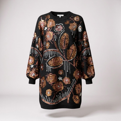 Floral Pattern Sequin Jumper Dress In Black
