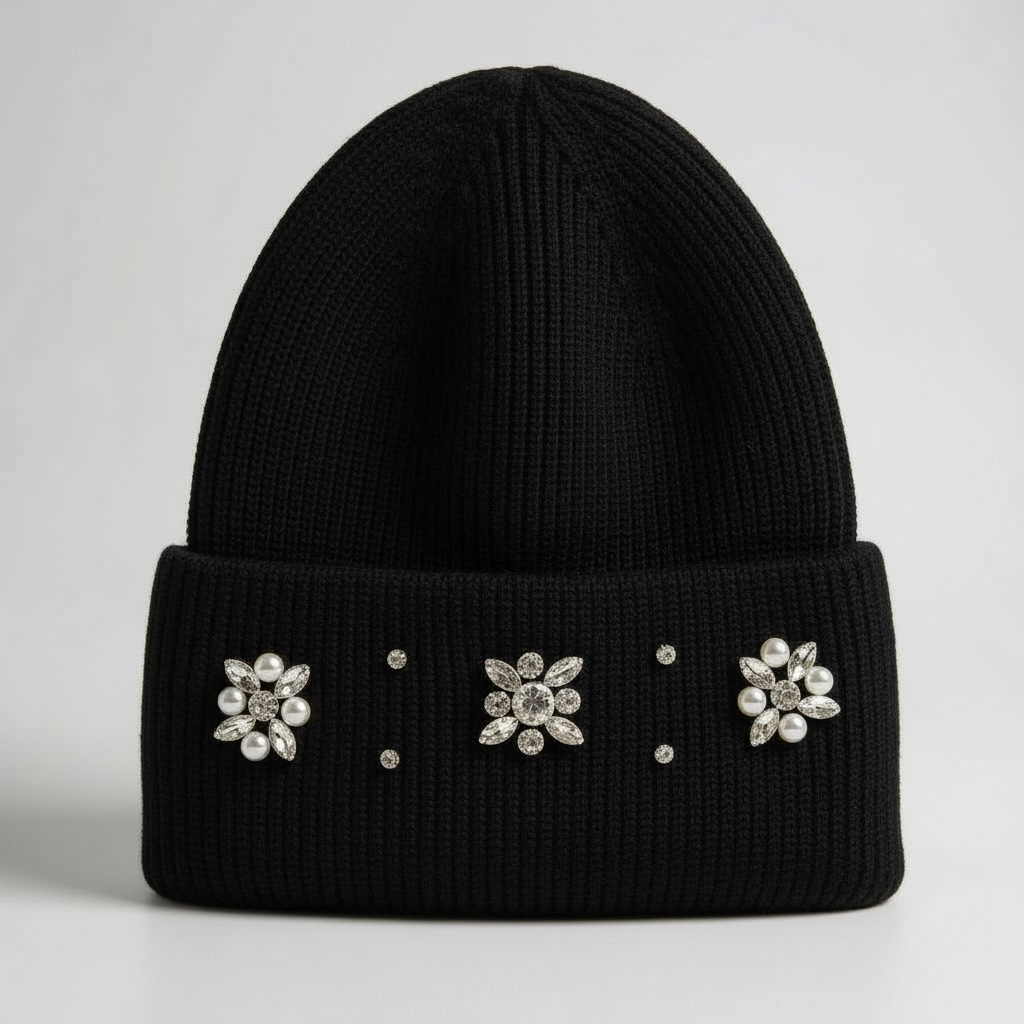 Black Diamante Trim Beanie