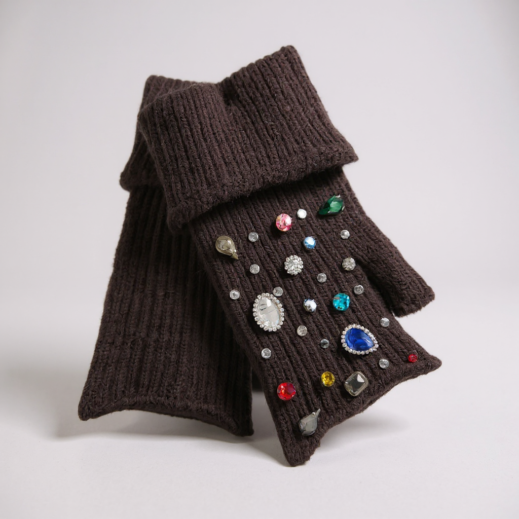 Brown Multi Coloured Jewel Fingerless Gloves