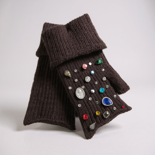 Brown Multi Coloured Jewel Fingerless Gloves