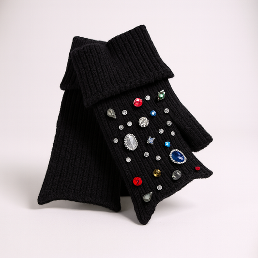 Black Multi Coloured Jewel Fingerless Gloves