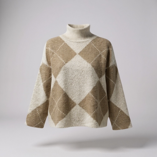 Beige/Camel Argyle High Neck Jumper