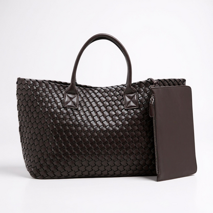 Chocolate Brown Woven Tote with Pouch