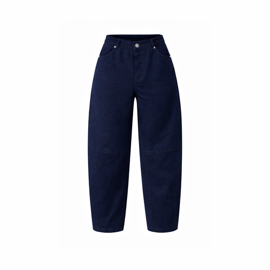 Navy Cotton Stretch Back Barrel Trousers