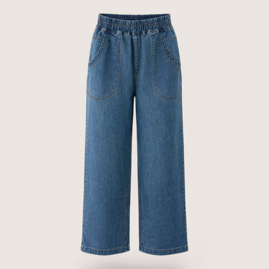 Denim Wide Leg Elastic Waist Cropped Jeans