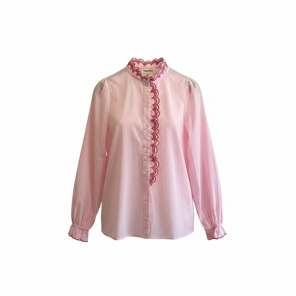 Pink Stripe Shirt with Scalloped Embroidery
