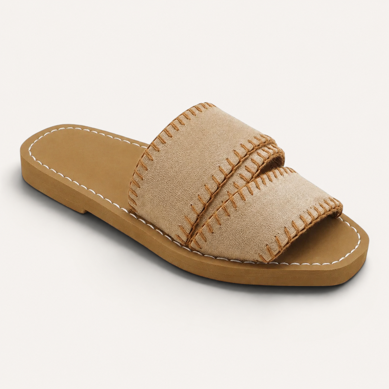 Beige Stitched Strap Flip Flop Style Sole Sandal