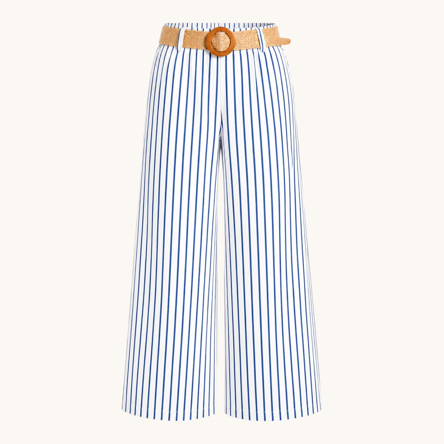 Feather & Sole white and blue striped cotton trousers with an elasticated waist and raffia belt.