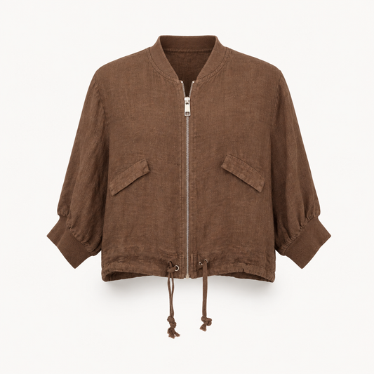Brown Linen Bomber Jacket