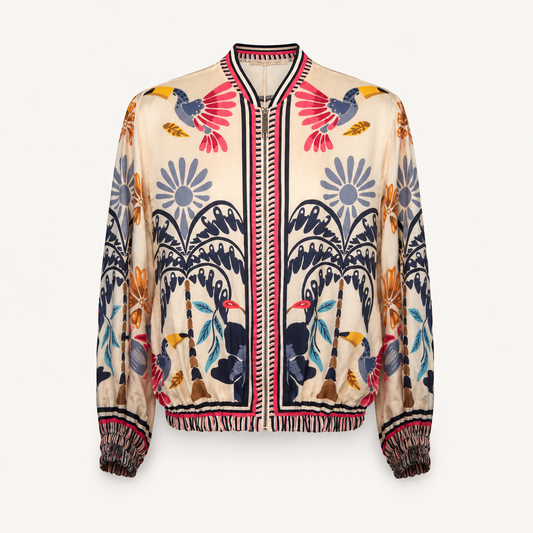 Palm Printed Satin Bomber Jacket