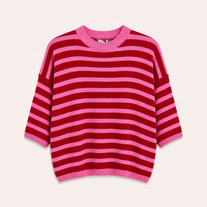 Pink and Red Stripe 3/4 Alpaca Knit Top