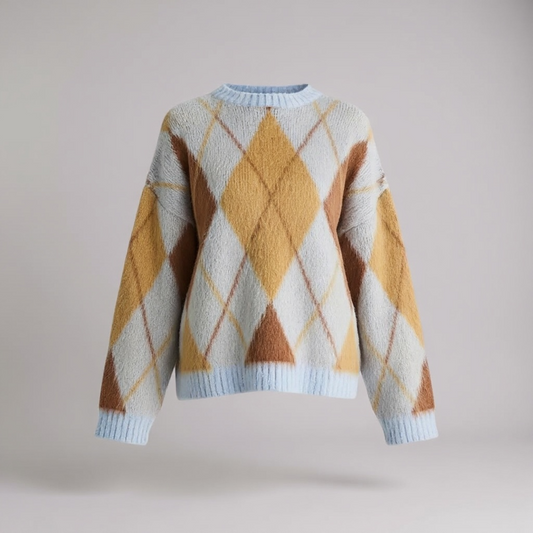 Blue Argyle Knit Round Neck Jumper