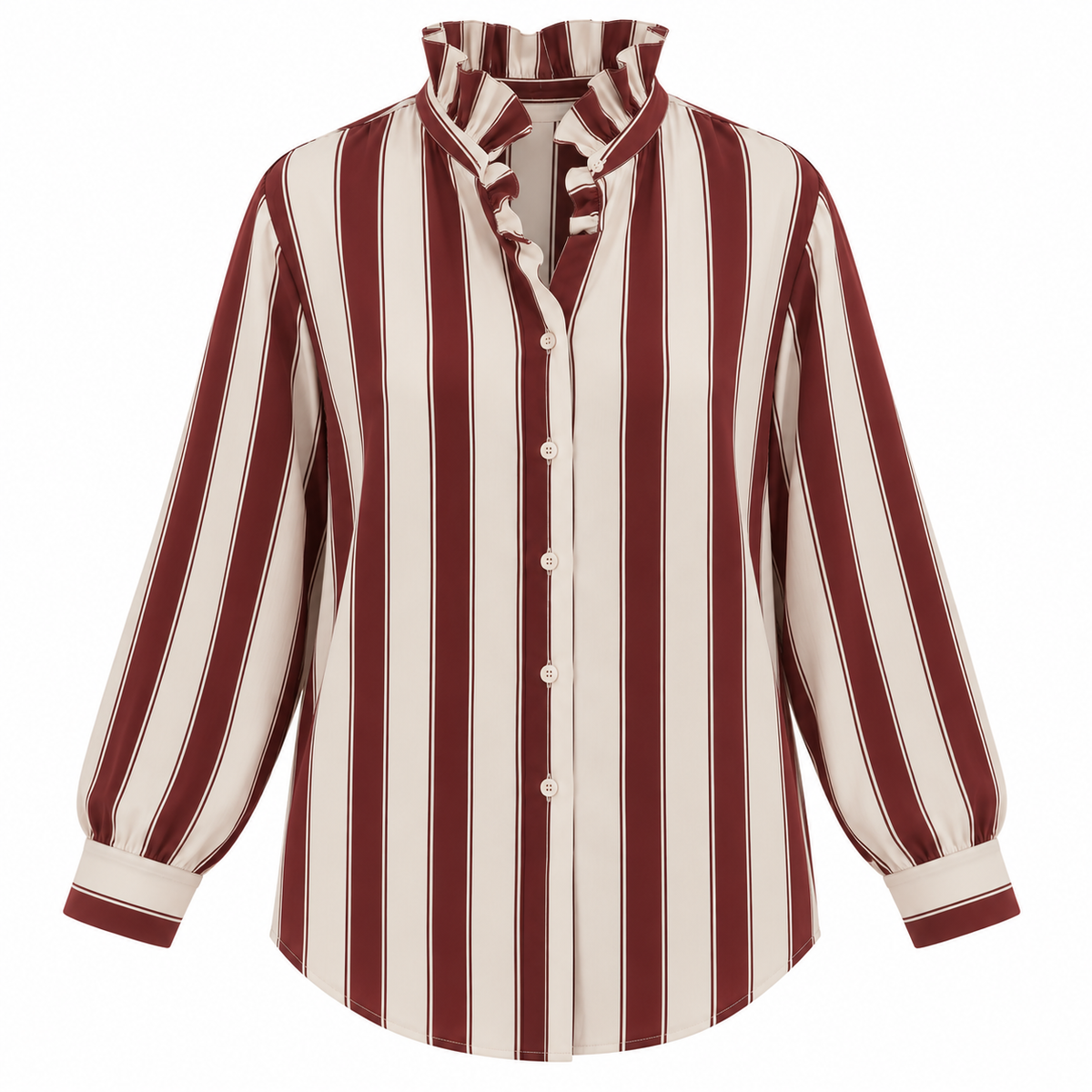 Burgundy Stripe Cotton Ruffle Neck Shirt