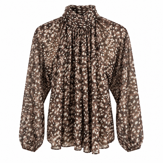 Deer Print High Neck Balloon Sleeve Top
