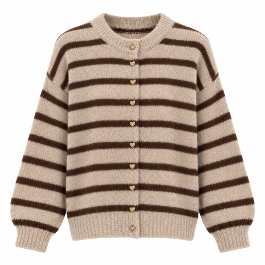 Beige/Brown Stripe Cardi with Gold Heart Buttons