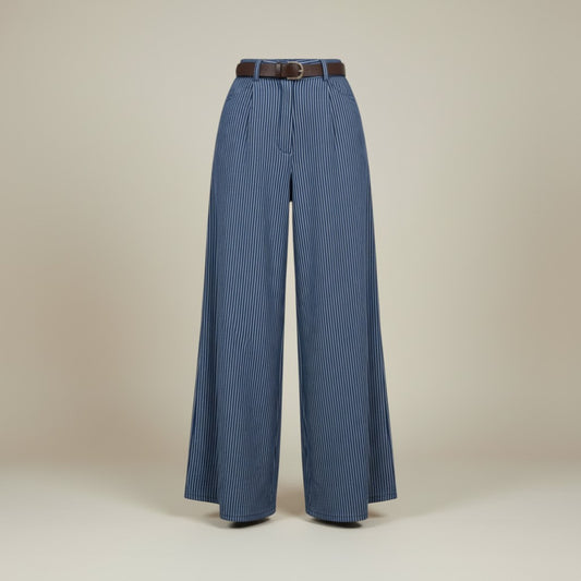 Navy Pin Stripe Wide Leg Trousers with Brown Belt