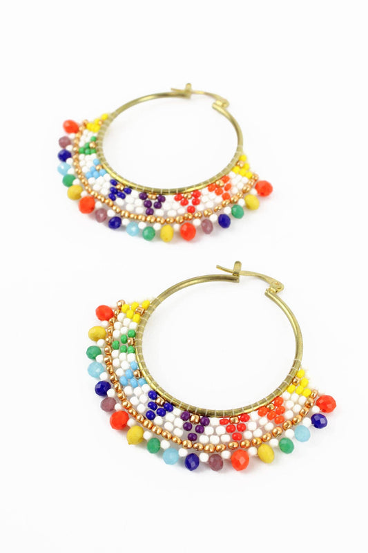 Rainbow Round Beaded Hoop Earrings