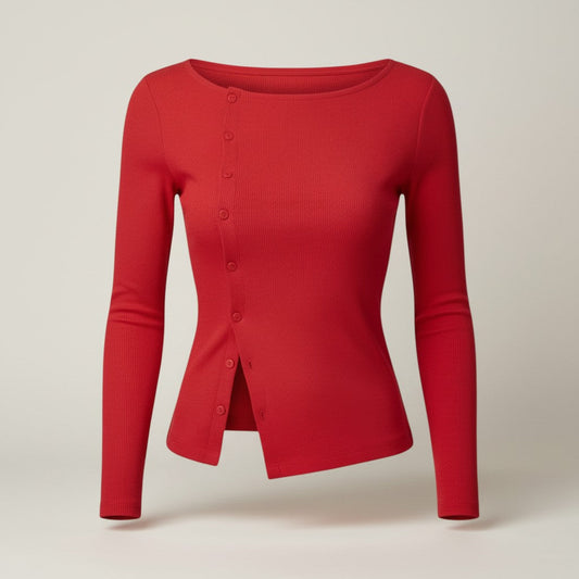 Red Button Up Crew Neck T-Shirt