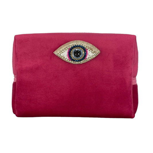 Bright pink make-up bag & golden eye pin - recycled velvet