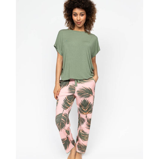 Lea Sage Green Slouch and Leaf Print Pyjama Set