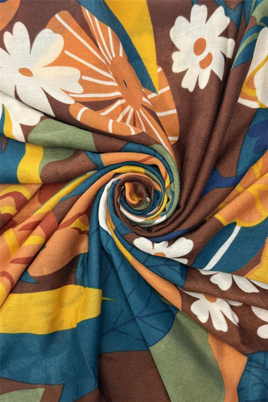 Brown Bold Mixed Floral Print Frayed Scarf
