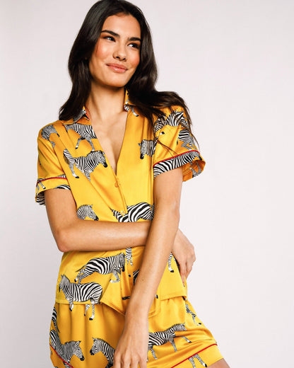 Satin Mustard Zebra Print Short Pyjama Set