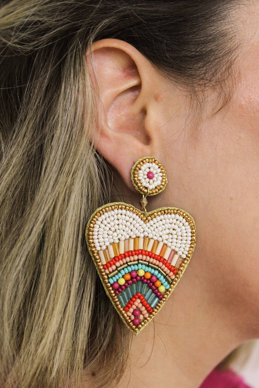 Multi Beaded Cream Heart Drop Earrings