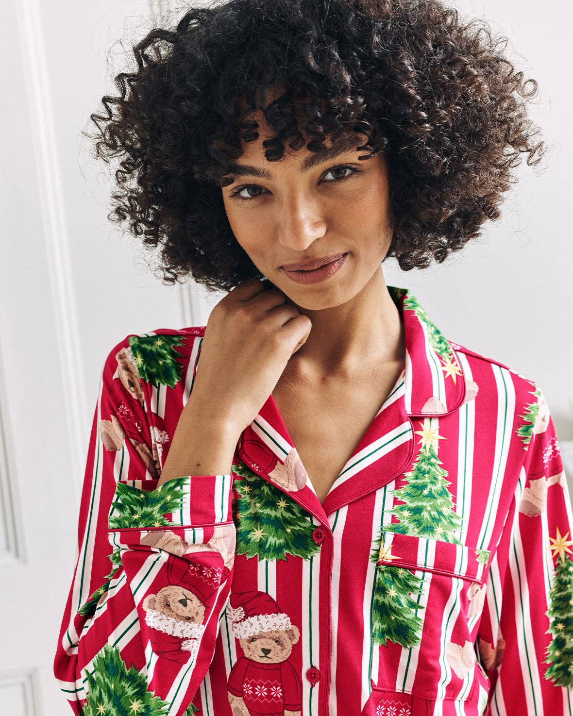 Christmas Teddy Bear Stripe Print Long Pyjama Set