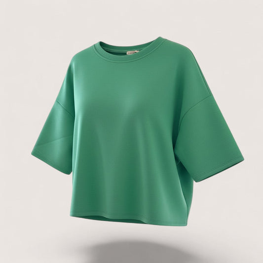 Feather & Sole vibrant green relaxed-fit crew neck sweatshirt with three-quarter sleeves.